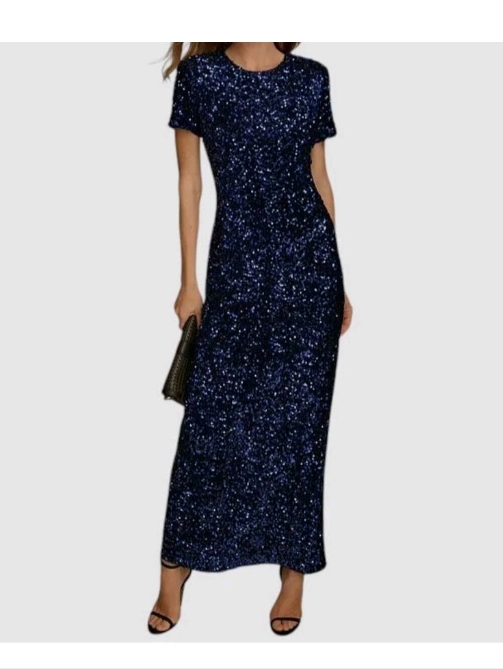 Donna Karan Blue Sequin Short-Sleeve Gown Dress Size 16